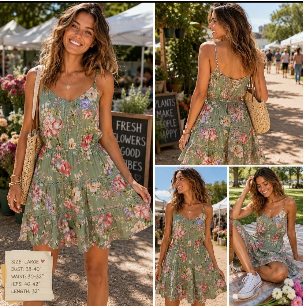 Blu Pepper Sage Green Floral Lace Trim Tiered Mini‎ Dress Womens Medium